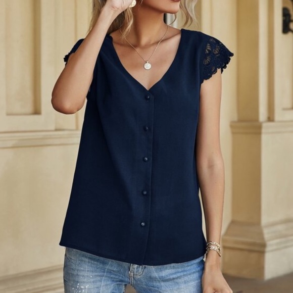 Navy blue button lace low back blouse - Picture 7 of 8